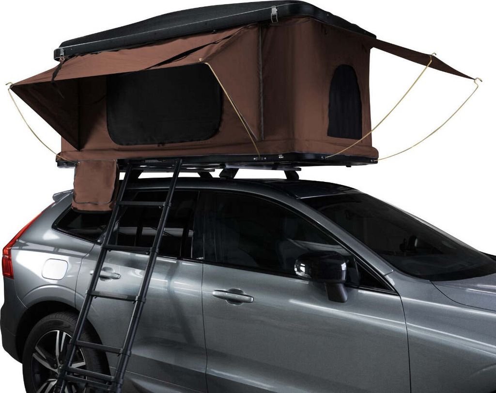 Hartschalen Autodachzelt Dachzelt Box für 2-3 Personen Braun ABS 3-15 Sek. Pop-Up 3000mm Wasserdicht Auto PKW Outdoor Camping Leiter 5,5cm Matratz...
