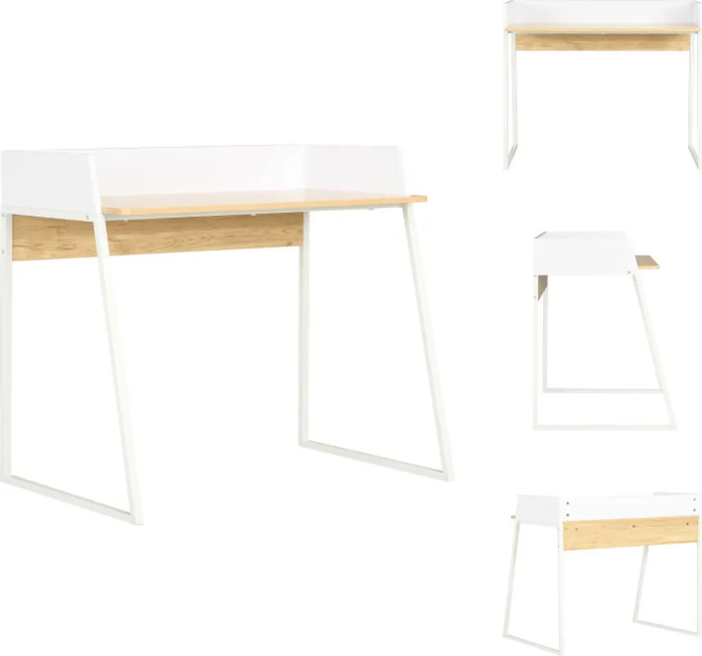 Petit Bureau 90 cm Blanc et Chêne avec Rehausse et Plateau Spacieux