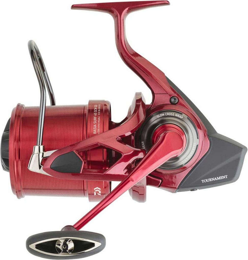 A red fishing reel is shown against a white background.