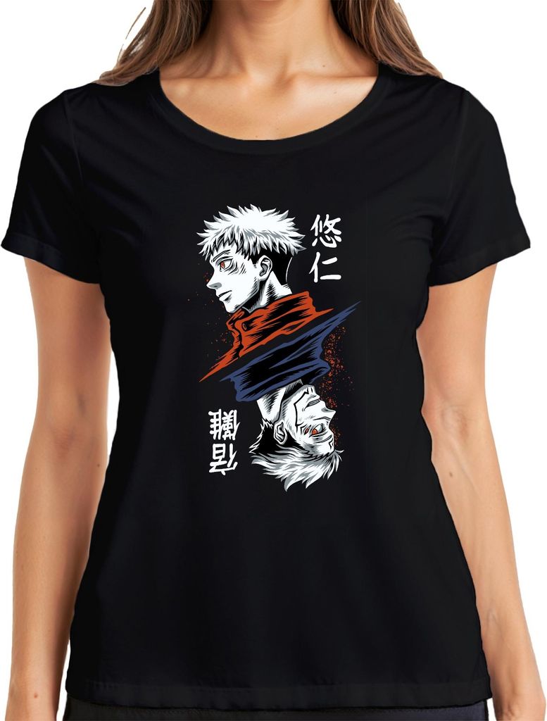 Jujutsu Kaisen Yuji Itadori Dual Face Fluch Anime Geschenk Damen T-Shirt, Schwarz, XXL