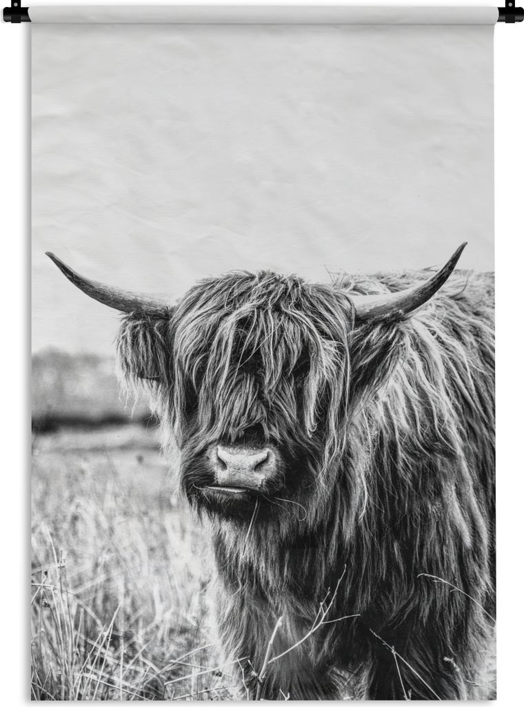 MuchoWow Wandteppich Wandbehang Wiederkäuender schottischer Hochlandrind - schwarz und weiß 120x180 cm Tapisserie Dekoration Wandtuch - Schlafz...