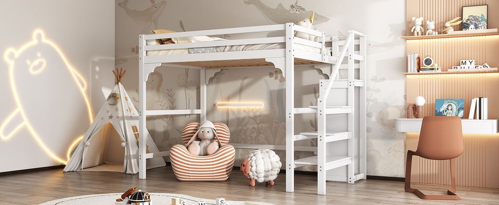 140x200cm Hochbett Weiß mit Stufentreppe, Kleiderschrank & Produktbild 10