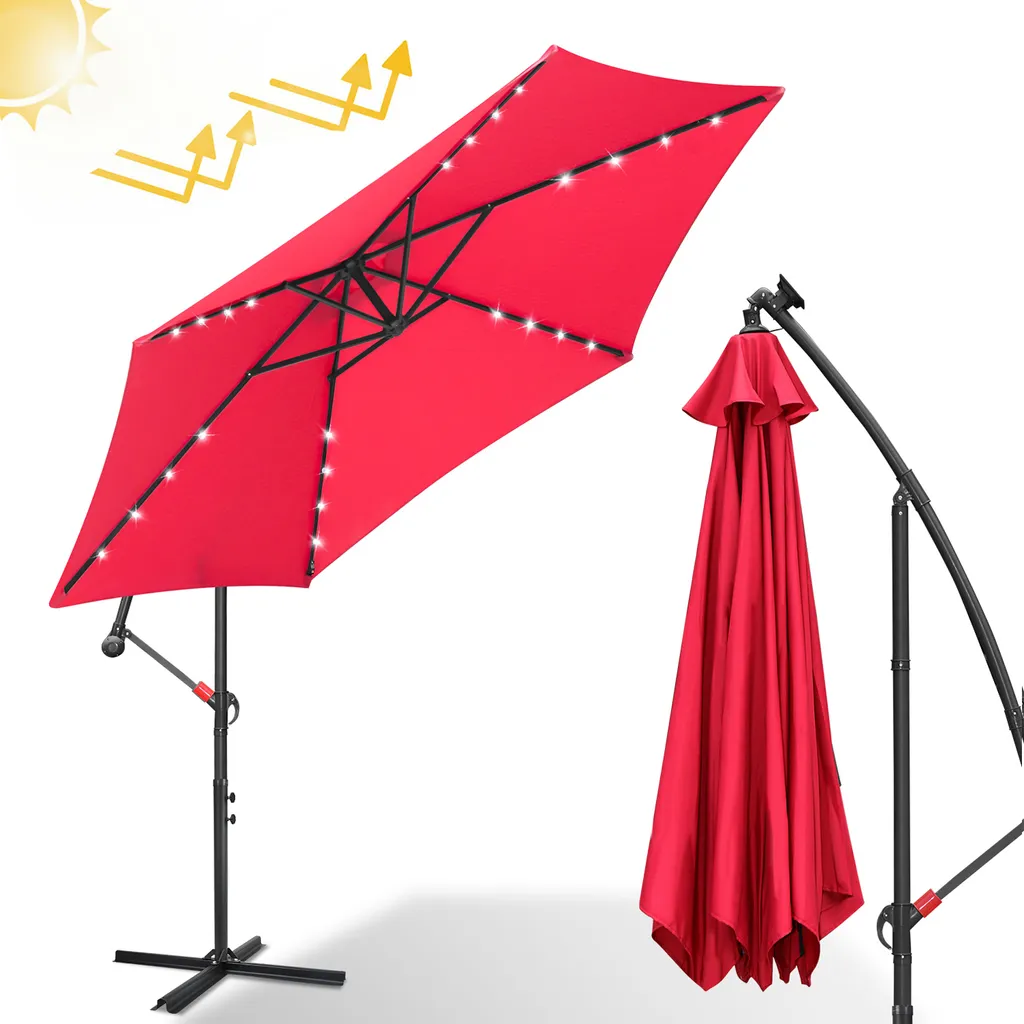 Ombrellone LED Ø350cm Rosso Clanmacy: Girevole 360° per Giardino e Patio