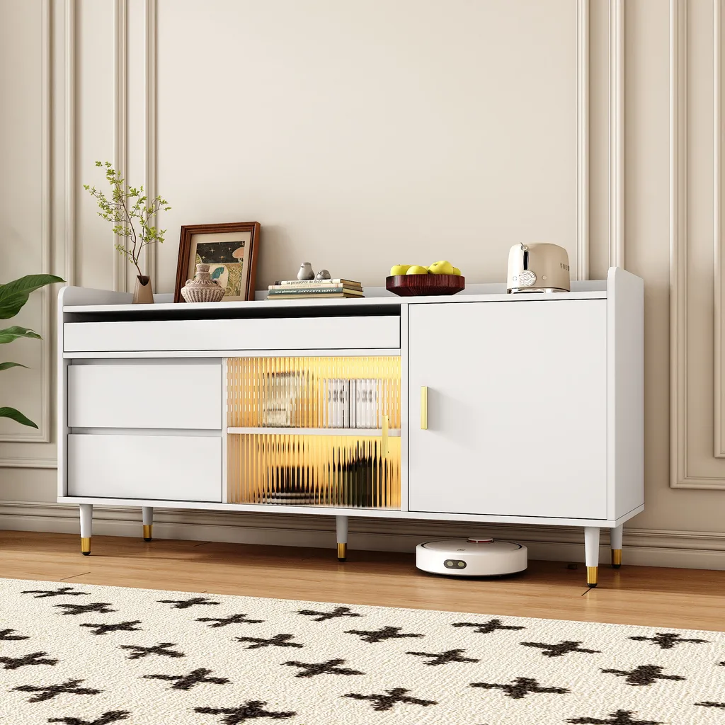 Meuble de Rangement Salon 140cm Blanc Buffet Vitré avec Lumières