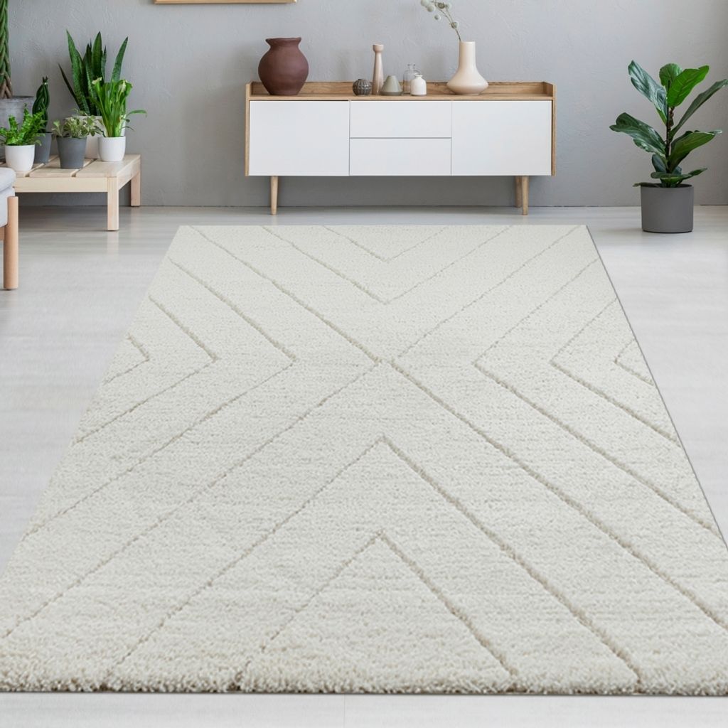 Zeitlose Eleganz: Stilvoller 3D-Teppich mit skandinavischem Rautenmuster in Weiß und Creme-beige Größe - 120 cm Rund