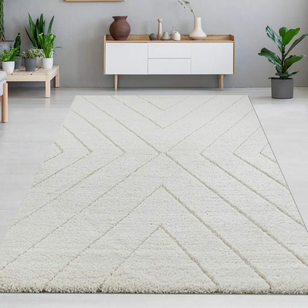 Tapis 3D scandinave losange blanc et beige crème - Salon 140x200 cm
