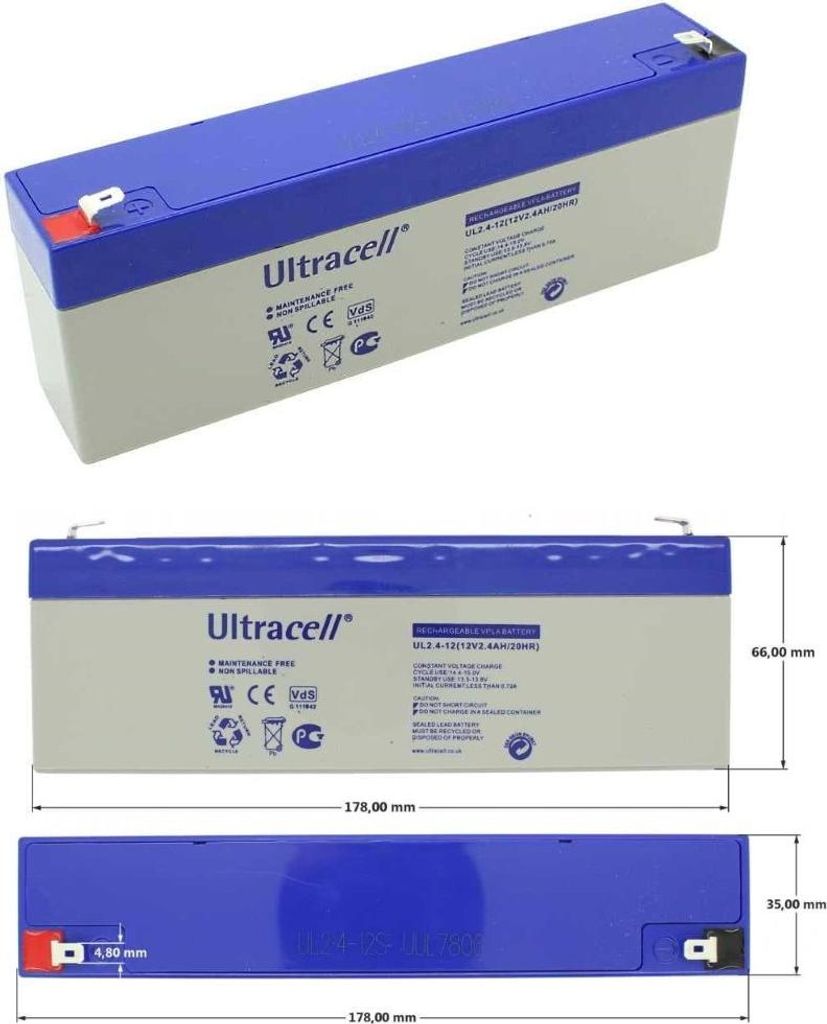 Three views of a sealed lead-acid battery with dimensions shown.
