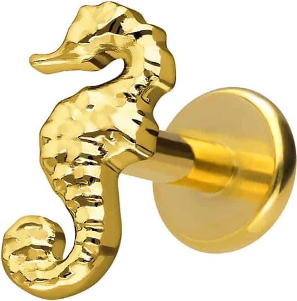 Ohrpiercing, Nasenpiercing Titan Labret mit Innengewinde SEEPFERDCHEN Gold Stablänge: 8mm | Stabstärke: 1,6mm