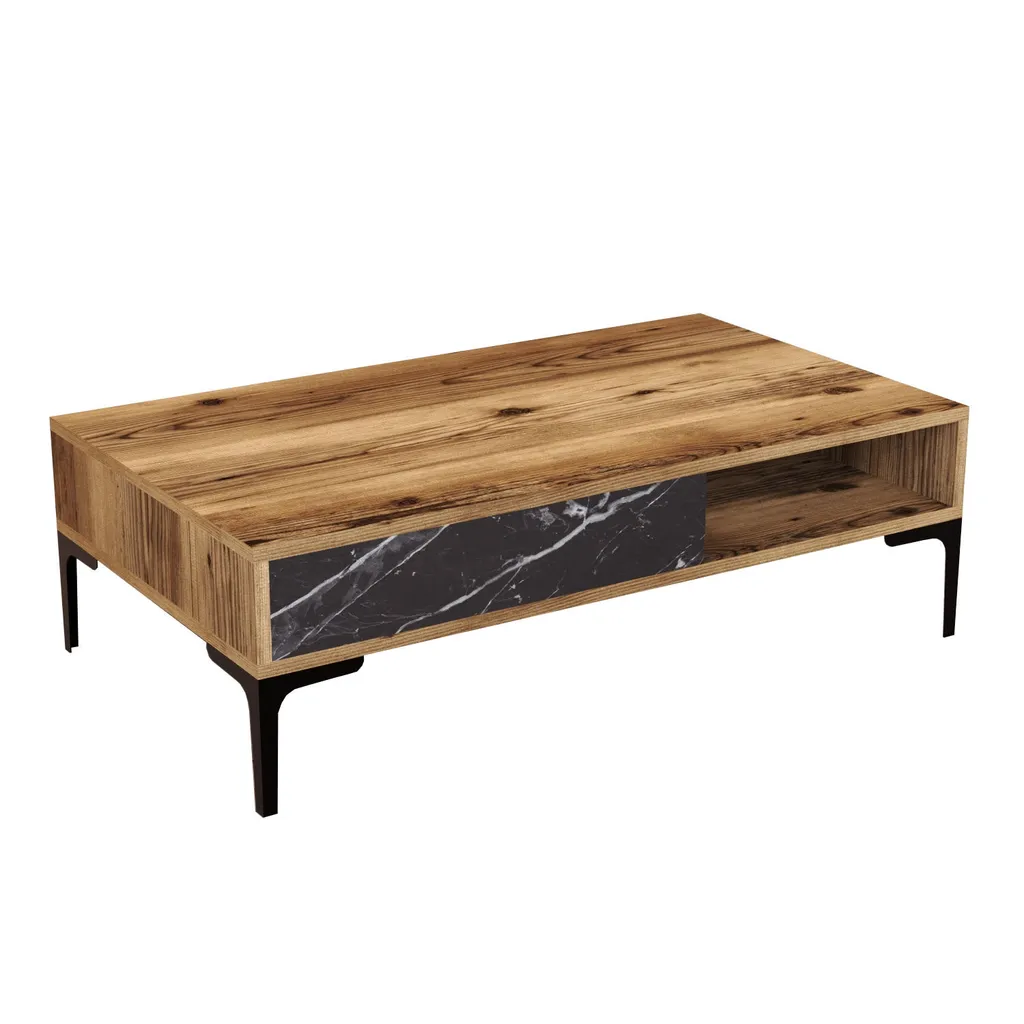 Table Basse de Salon Rectangulaire Noyer et Marbre Noir Istanbul 105cm