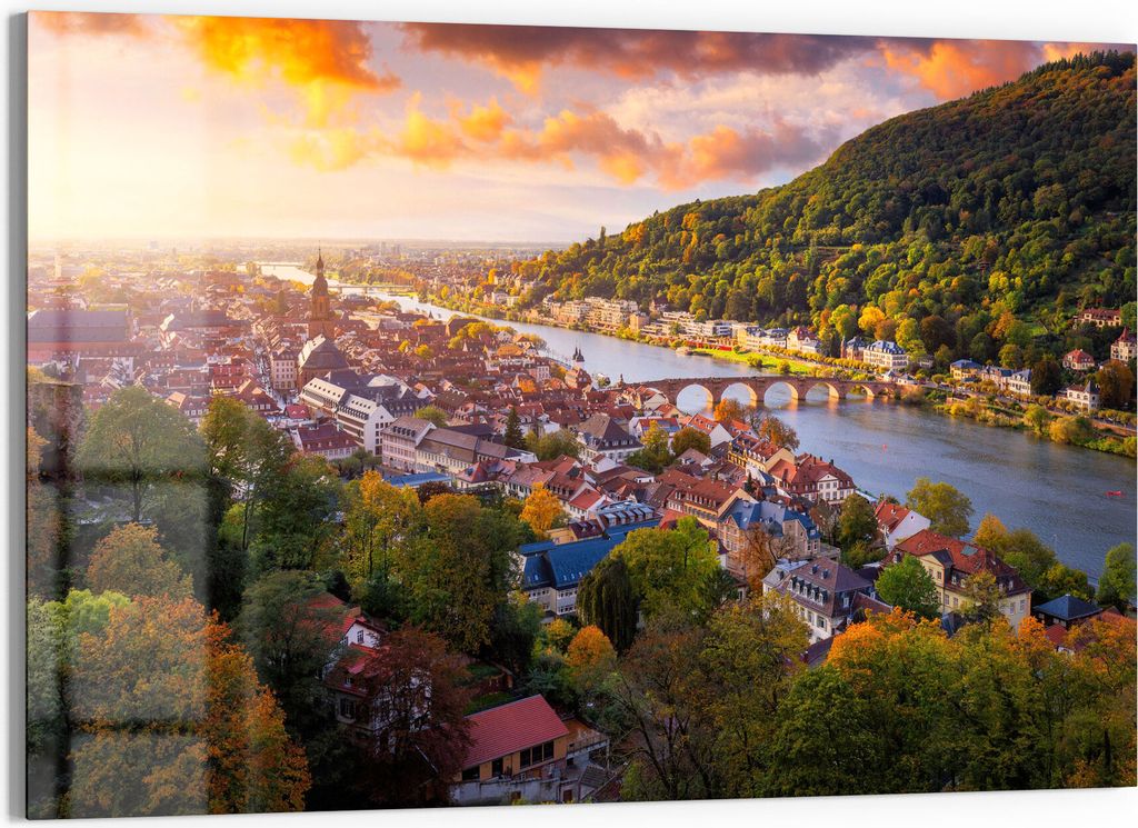 DEQORI Glasbild Echtglas 90x60 cm 'Blick über Heidelberg' Wandbild Bild modern Deko