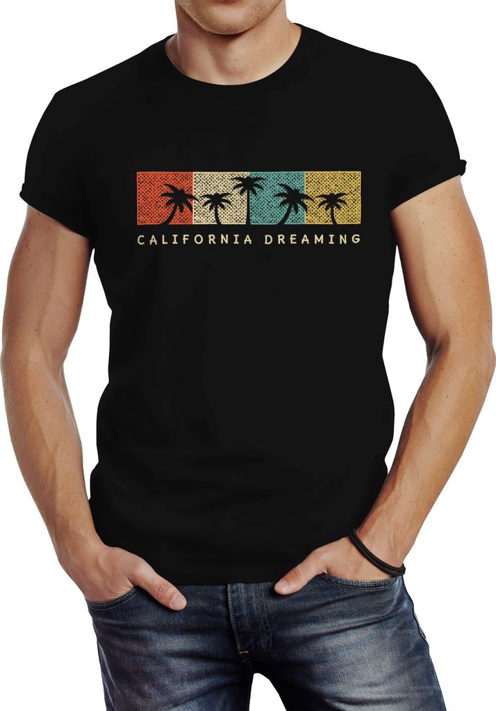 Herren T-Shirt California Dreaming Summer Party Palmen Palms Retro Slim Fit Neverless schwarz 4XL
