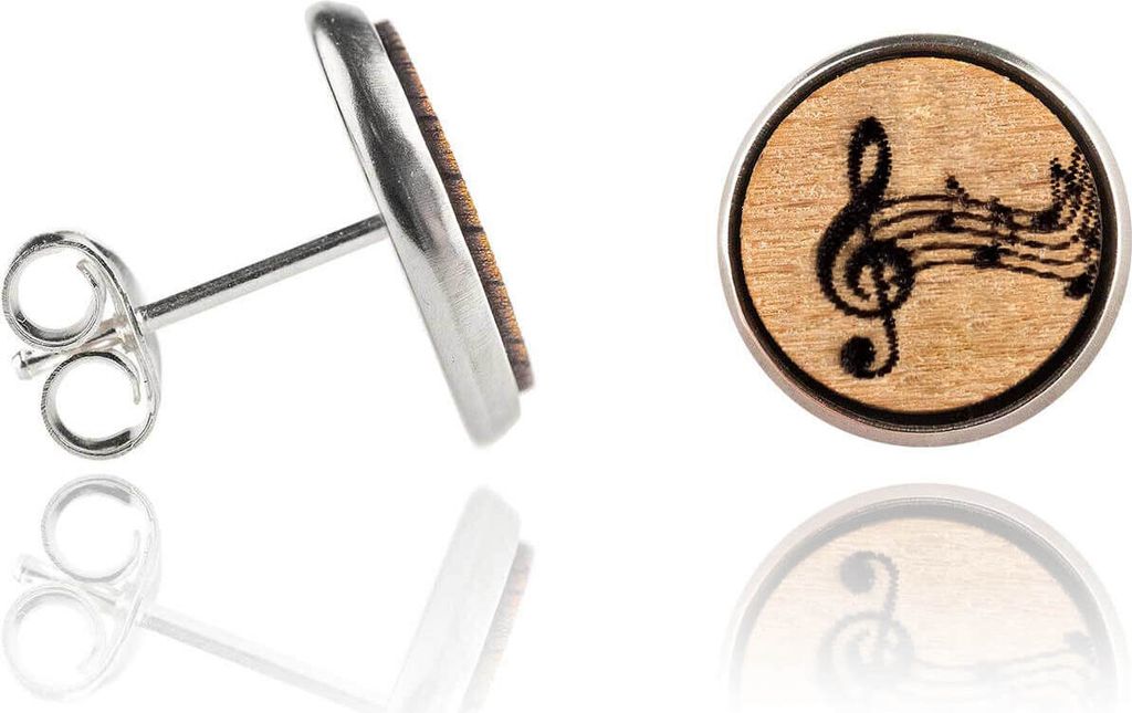 Musik Ohrringe Holzohrstecker Edelstahl mit Notenschlüssel und Noten in Buchenholz
