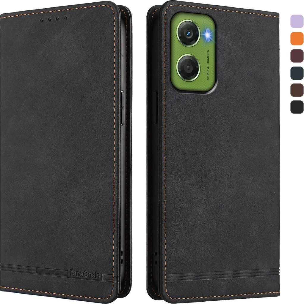 A black flip case for a smartphone is shown from the front and back.
