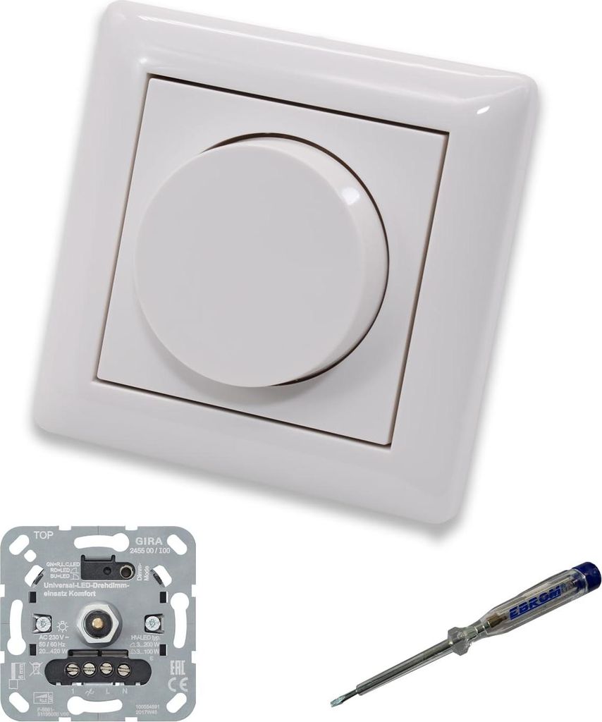 GIRA 245500 LED-Drehdimmer LED-Dimmer mit Dimmerscheibe Zentralscheibe Zentralplatte 065003 Einfachrahmen in System55 reinweiß glänzend inklusive...
