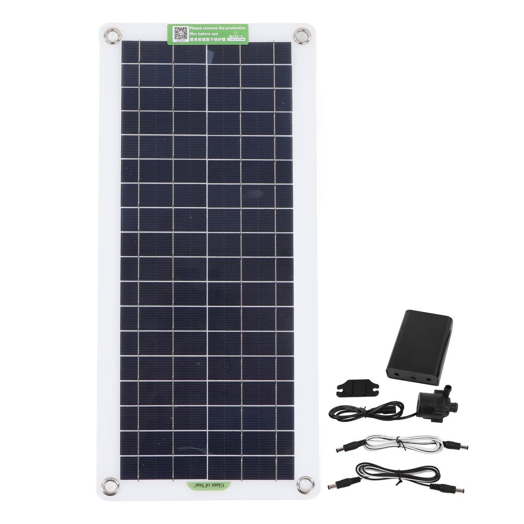A solar panel kit with a small water pump and accessories, laid out on a white background.