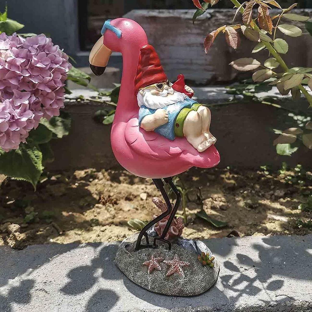Gnome Garten Statue, Funny Gnome Reclining auf Flamingo Figuren, Harz Garten Gnome Herbst Dekorationen im Freien für Patio Yard Rasen Porch, Ornam...