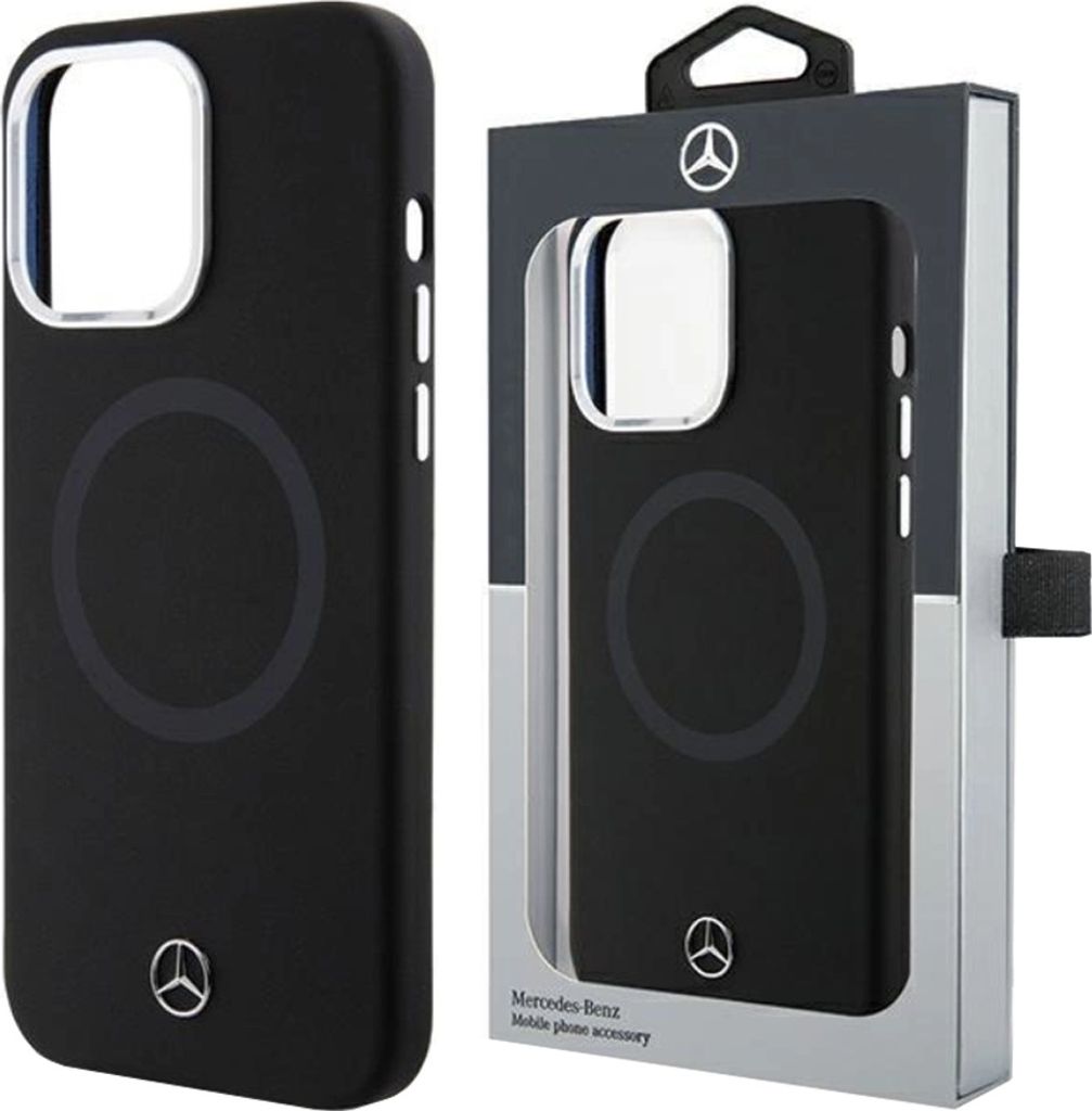 A product shot of a black Mercedes-Benz phone case in its packaging, displayed next to the case itself.