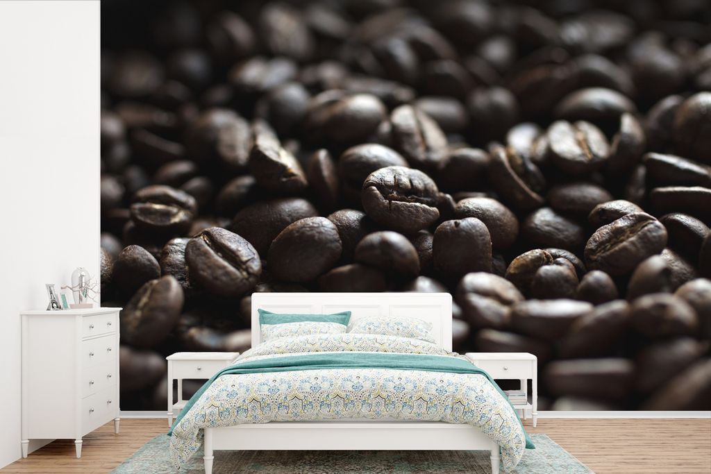 MuchoWow Fototapete für Wohnzimmer oder Schlafzimmer Wandtapete Vinyl Motivtapete Dunkelbraun geröstete Kaffeebohnen mit bitterem Geschmack - 3...