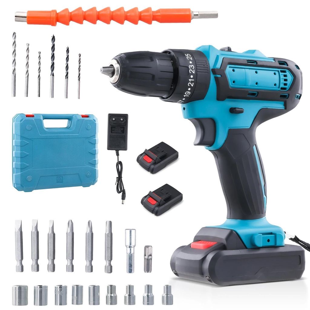 21V Akku-Bohrschrauber - Schlagbohrmaschine - Schlagfunktion - 2 Gänge - 2 Akkus - EU‐Stecker - Schrauber-Set