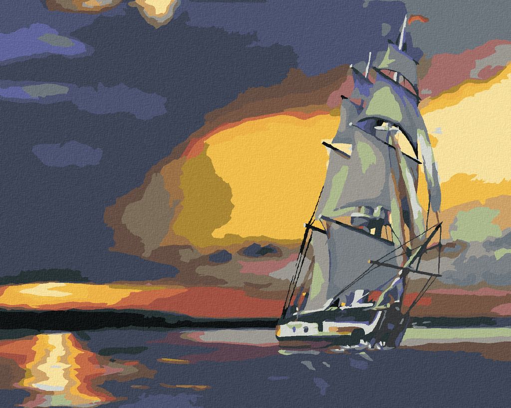 Zuty - Malen nach Zahlen - SEGELSCHIFF UND SONNENUNTERGANG (D. RUSTY RUST), 40x50 cm, mit Keilrahmen (bereits gespannt)