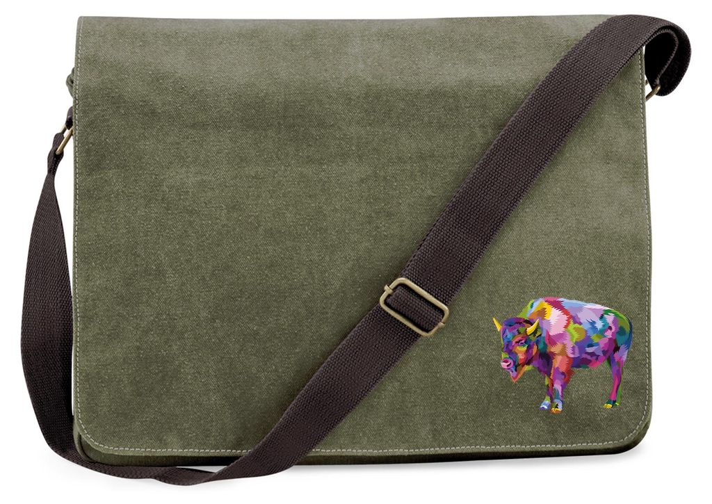 Huuraa Umhängetasche Bison Colorful 14 Liter Military Green Canvas Laptoptasche Geschenkidee