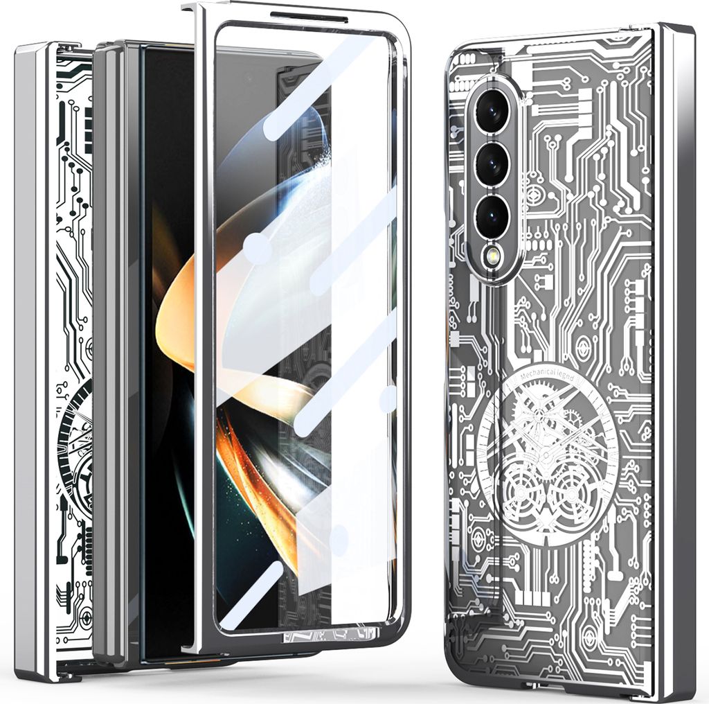 A silver phone case with a circuit board design is shown with a phone inside.