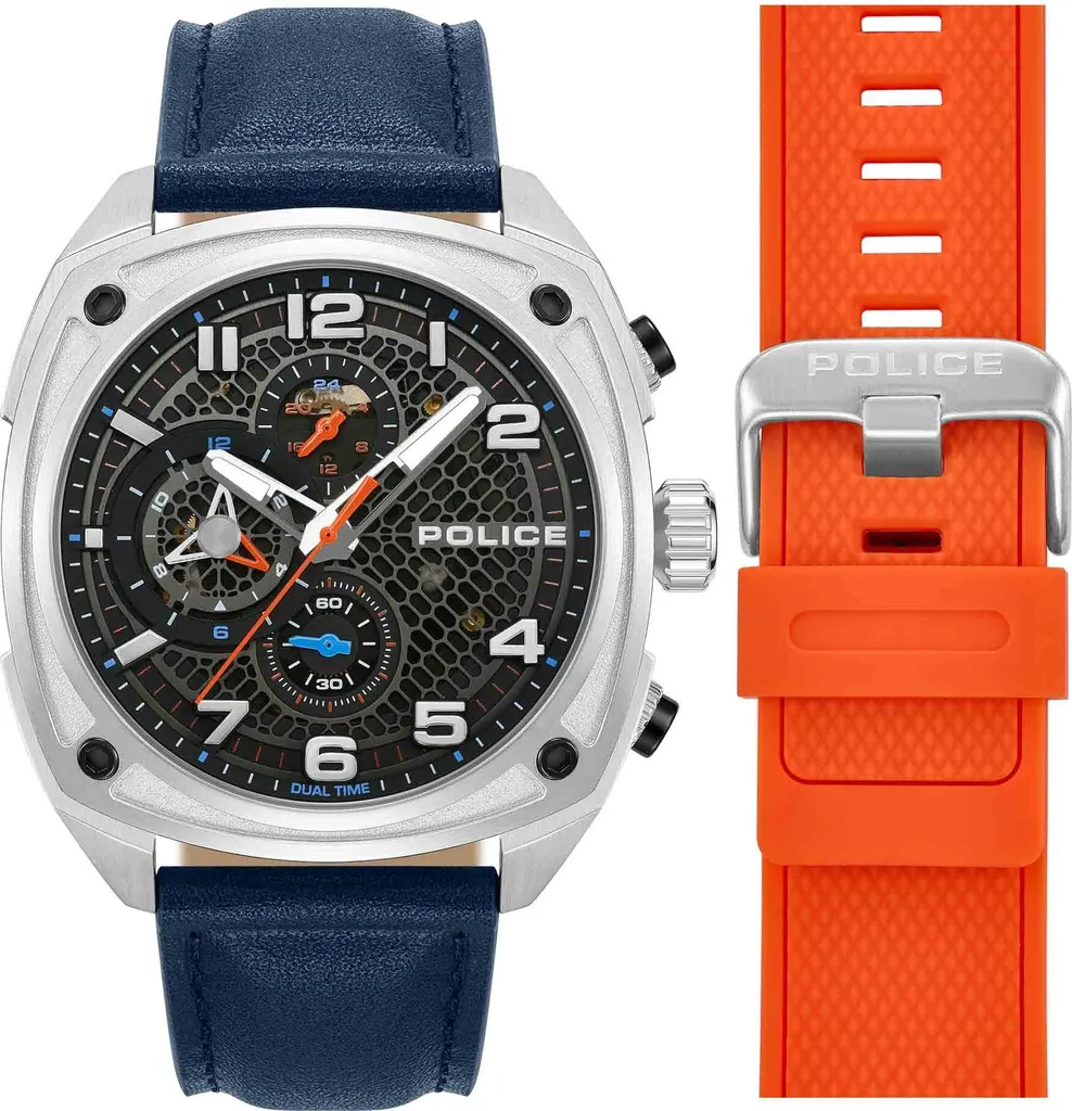 Montre à Quartz pour Homme POLICE Argent et Bleu Boîtier Acier 44mm