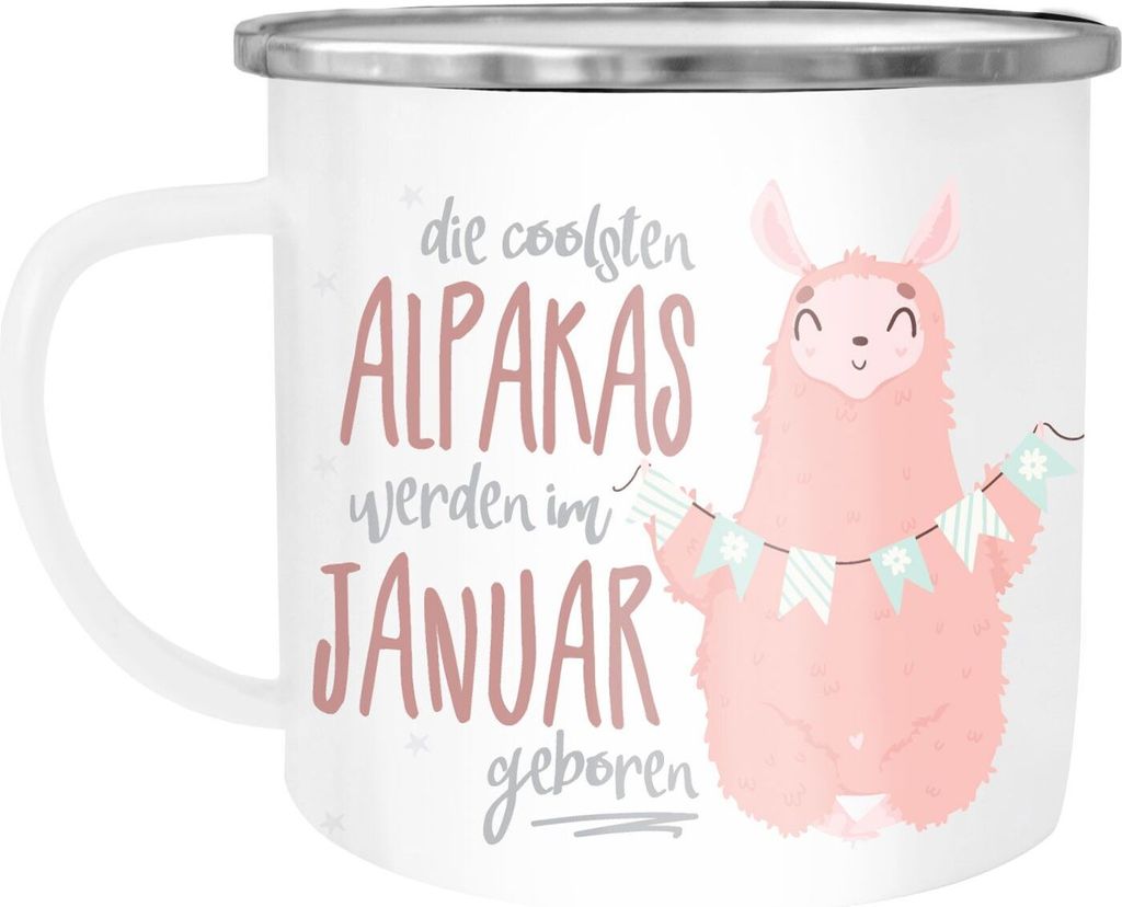 Emaille Tasse Becher die coolsten Alpakas werden im "Wunschmonat" geboren Geschenk-Tasse Geburtstagsgeschenk Moonworks Januar weiß-metall unisize