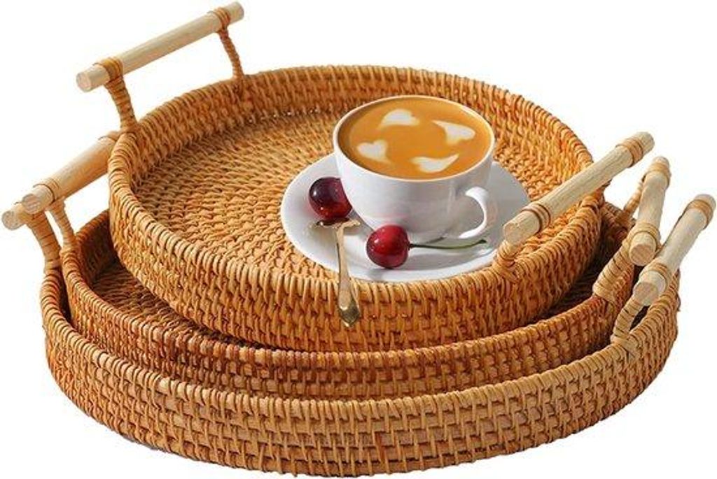Rundes Dienblatt-Set aus 3 - handgewebte Rattan-Matten
