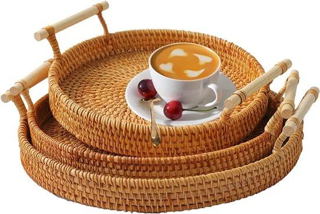 Corbeille à pain et corbeille à fruits en rotin : lot de 3 plateaux ronds