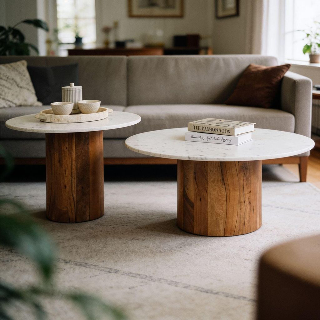 Couchtischset GANGA/YAMUNA mit Tischplatte aus Marmor, Weiß/Natur - Runder Beistelltisch im 2er Set, rundes Holzgestell aus Akazie, Wohnzimmertisc...
