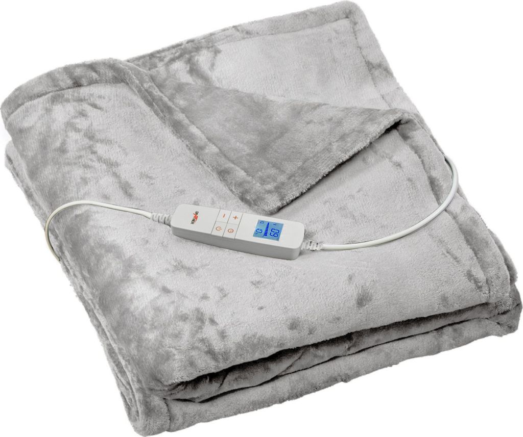 A folded gray electric blanket with a controller attached.