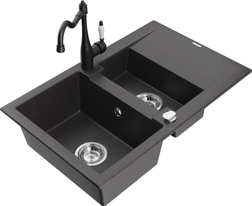 Mexen Gaspar 1,5-Becken-Granitspüle mit Abtropffläche und Mischbatterie Carla, Schwarz gesprenkelt - 6507-76-670700-70