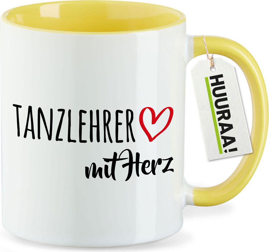 Huuraa Kaffeetasse Tanzlehrer mit Herz 330ml Gelb Keramik Kaffeebecher Geschenkidee