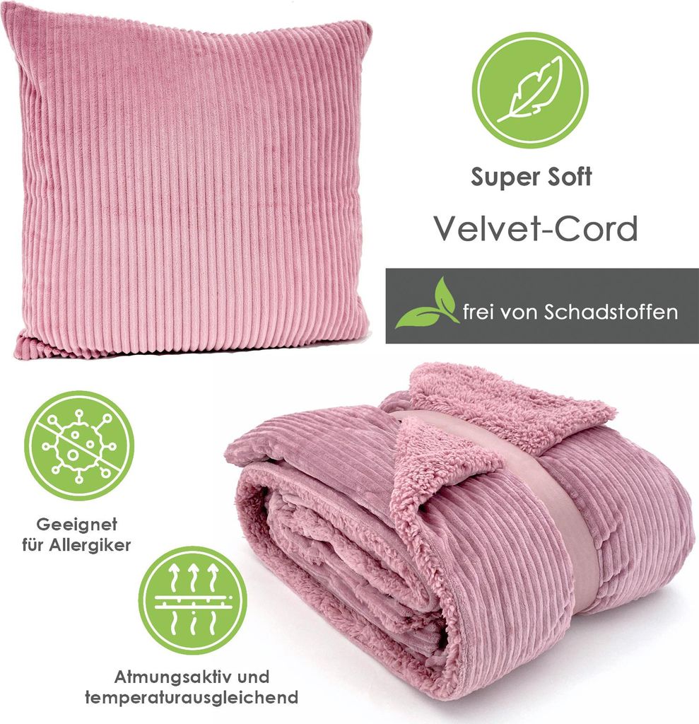 heimtexland Rosa Cord Kuscheldecke mit Sherpa Fell