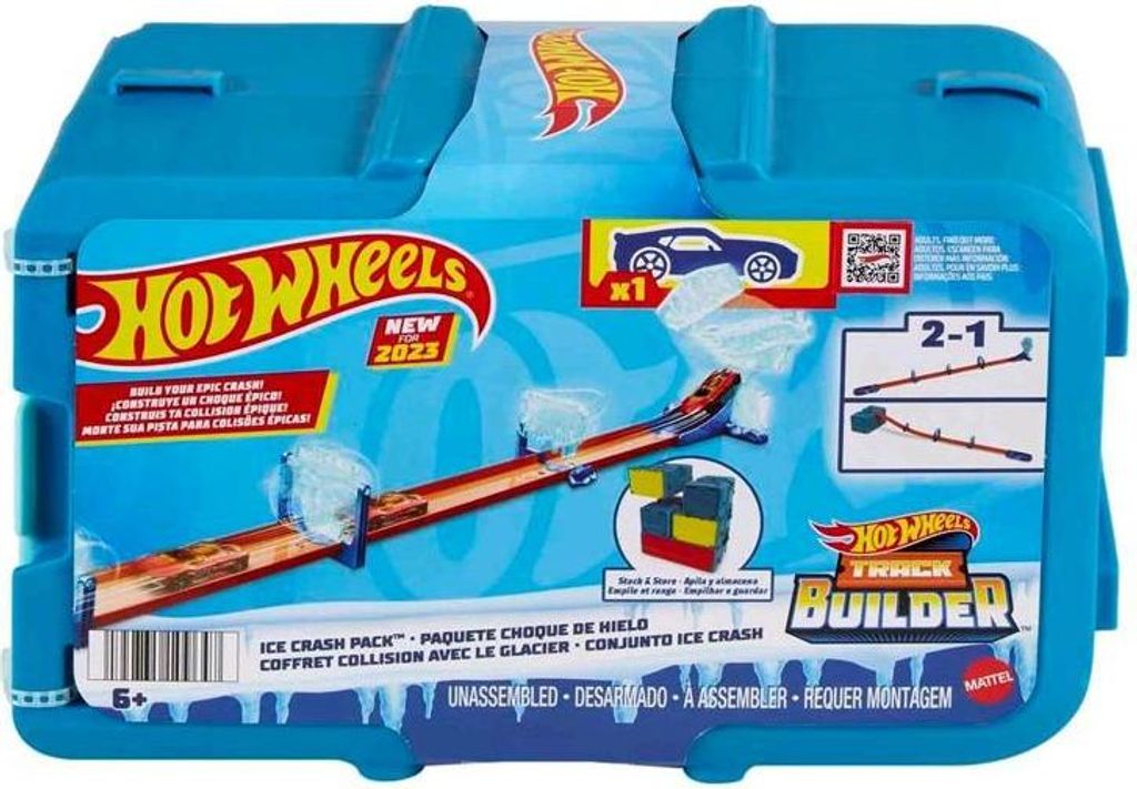 The image shows the packaging of a Hot Wheels Track Builder Ice Crash Pack.