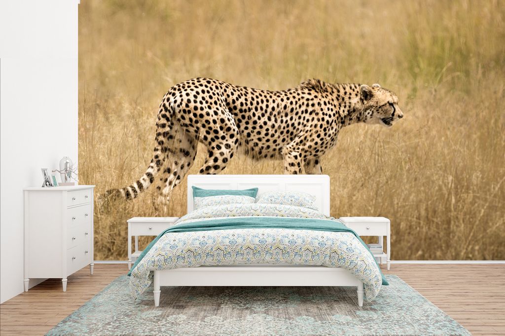 MuchoWow Fototapete für Wohnzimmer oder Schlafzimmer Wandtapete Vinyl Motivtapete Leopard - Tarnung - Gras - 400x240 cm - Gemustert