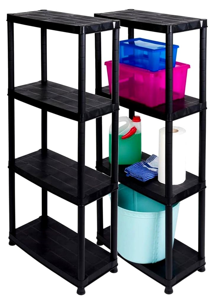 Spar-Set 2 Stück Kunststoffregal, Haushaltsregal, Schwarz, 4 Böden, max. 100 kg Traglast pro Regal, 61 x 30,5 x 130 H cm