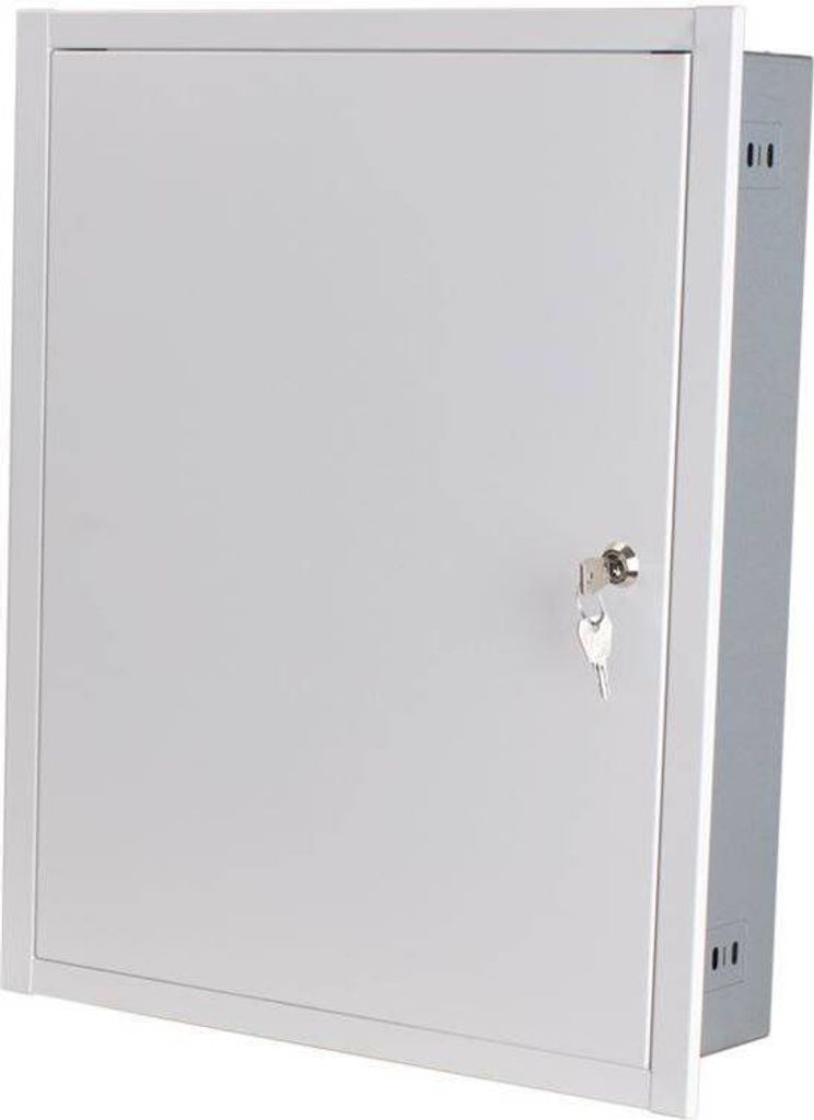 A white metal electrical enclosure with a key lock is shown in a studio setting.