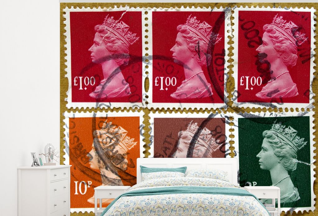 MuchoWow Fototapete für Wohnzimmer oder Schlafzimmer Wandtapete Vinyl Motivtapete UK-Briefmarken - 375x300 cm - Tapezierpapier