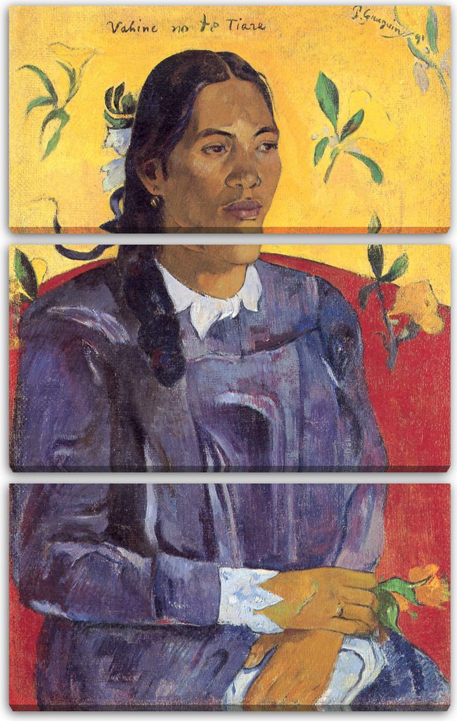 Leinwandbild 3-teilig (80x120cm): Paul Gauguin - Frau mit Blume, echter Holz-Keilrahmen inkl. Aufhänger, handgefertigt in Deutschland