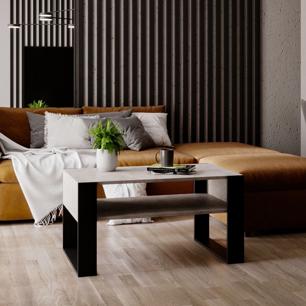 Couchtisch KARO 92 Wohnzimmertisch rechteckiger Kaffeetisch aus Holz Modern Teetisch 92 x 53,6 x 45cm Holz Chicago Beton / Schwarz