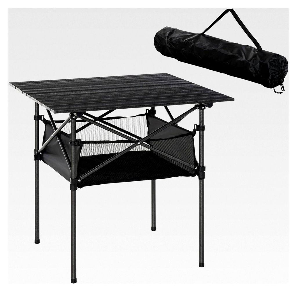 Faltbarer Campingtisch aus Aluminium mit Netztasche, tragbarer Picknicktisch für Garten, Party, Balkon, Schwarz, 70 x 70 x 69 cm