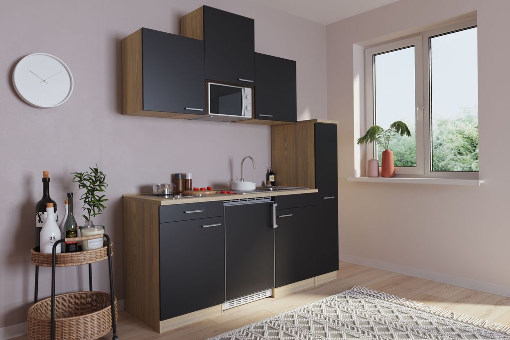 Küche Miniküche Singleküche Küchenzeile Eiche Schwarz Luis 180 cm Respekta