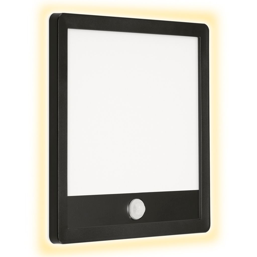 A black LED outdoor wall lamp with a motion sensor is shown against a white background. A soft yellow glow emanates from the sides of the lamp.