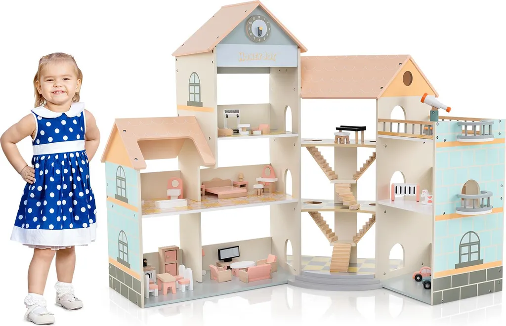 Maison de poupées bois 6 pièces 94cm avec 41 meubles pour enfants 3+