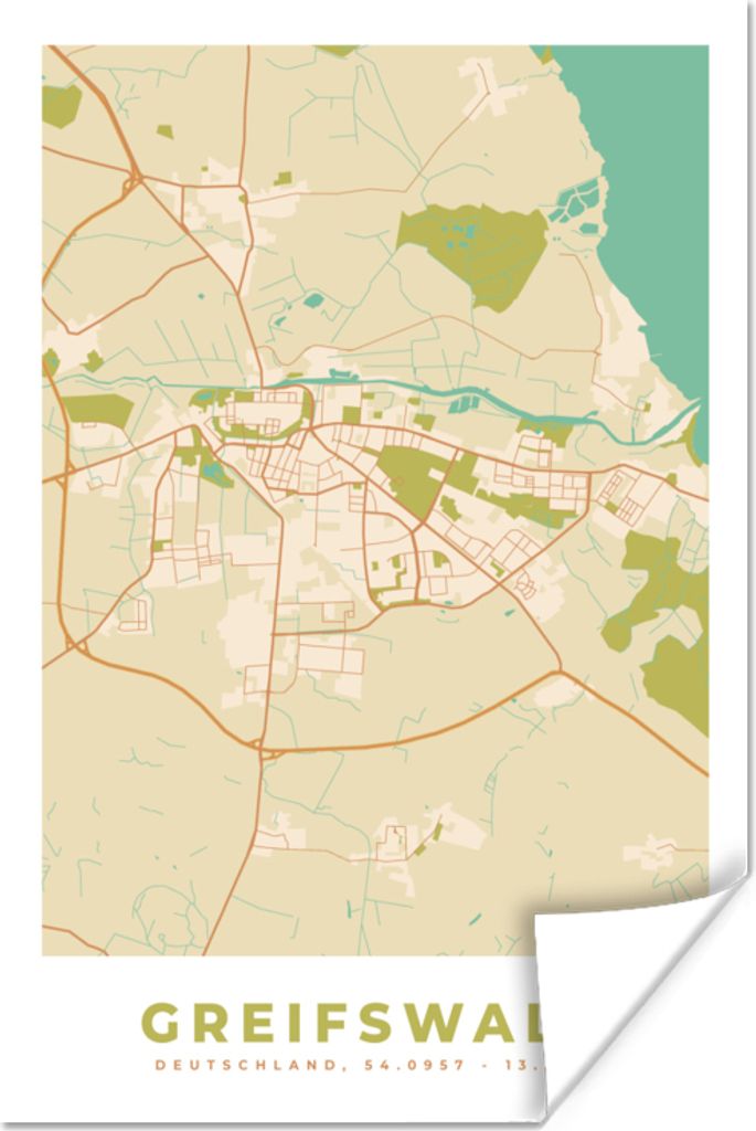 MuchoWow Poster Greifswald - Jahrgang - Karte - Stadtplan 60x90 cm - Wanddekoration