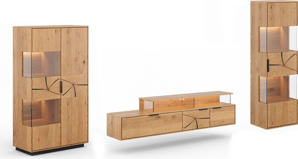 Wohnwand Tirano Wohnzimmer-Set Massivholz geölt Ausführung wählbar,Vitrine, Lowboard, Hängevitrine,Eiche Natur / Absetzung Hirnholz