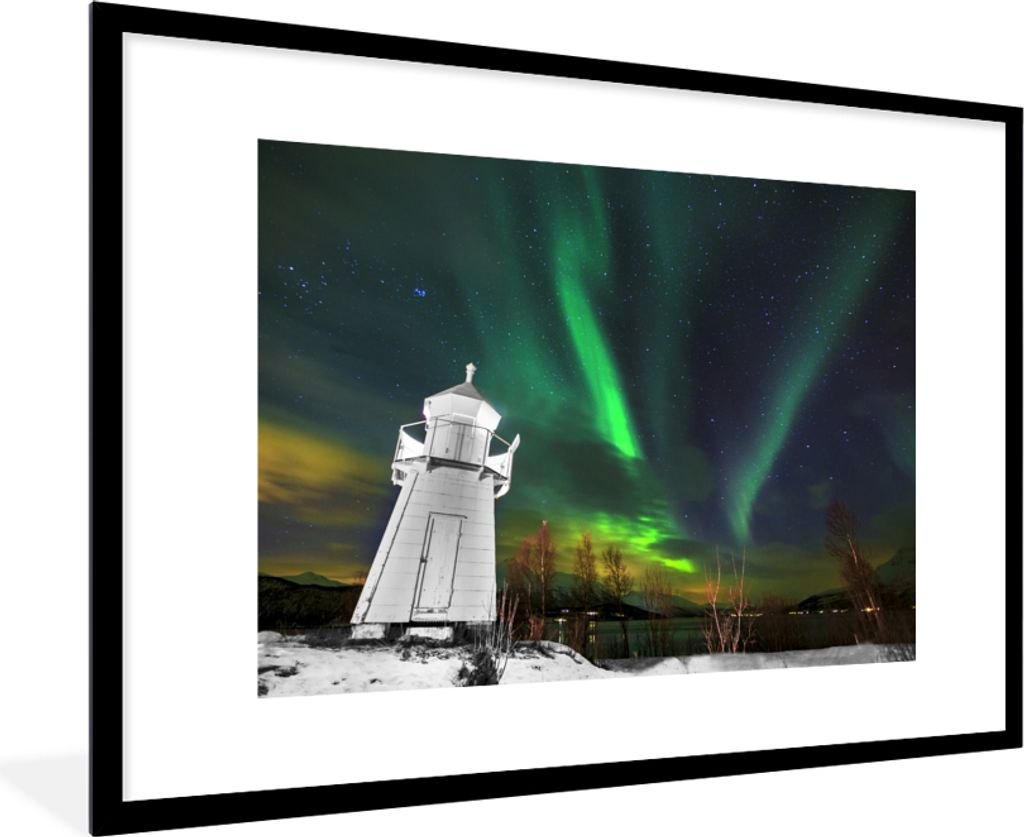 MuchoWow MuchoWow Gerahmtes Poster Nordlichter - Leuchtturm - Norwegen 90x60 cm - Poster mit zchwarzem Bilderrahmen - Wanddekoration - Fotos