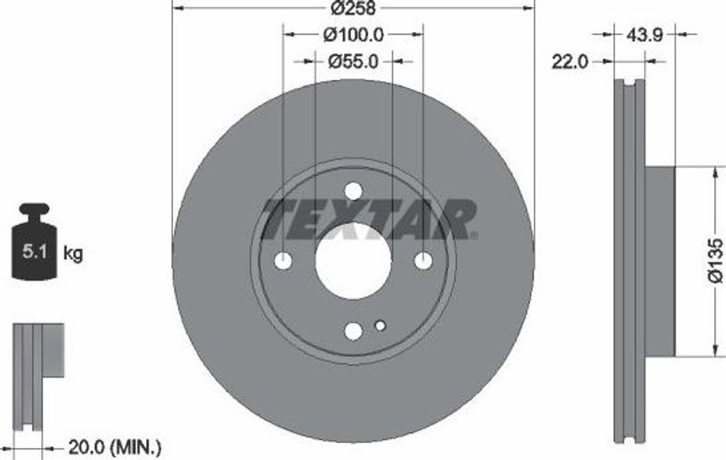 2x TEXTAR Bremsscheibe 92300903 für TOYOTA Yaris R / iA (DL2S_) 43 9mm 5 1kg